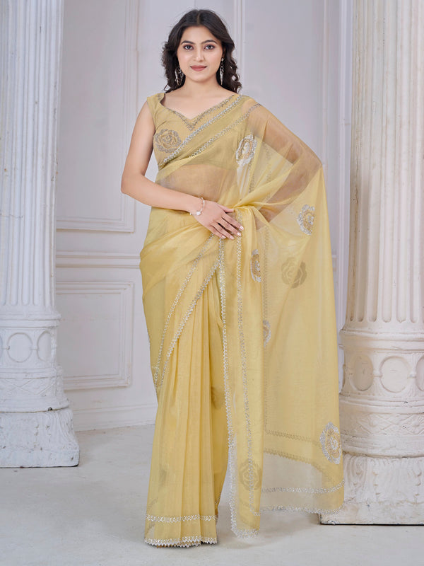 Beautiful Yellow Jarkan Work Organza Festive Wear Saree With Blouse