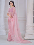 Pretty Baby Pink Jarkan Work Organza Designer Saree With Blouse