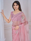 Pretty Baby Pink Jarkan Work Organza Designer Saree With Blouse