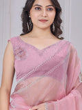 Pretty Baby Pink Jarkan Work Organza Designer Saree With Blouse