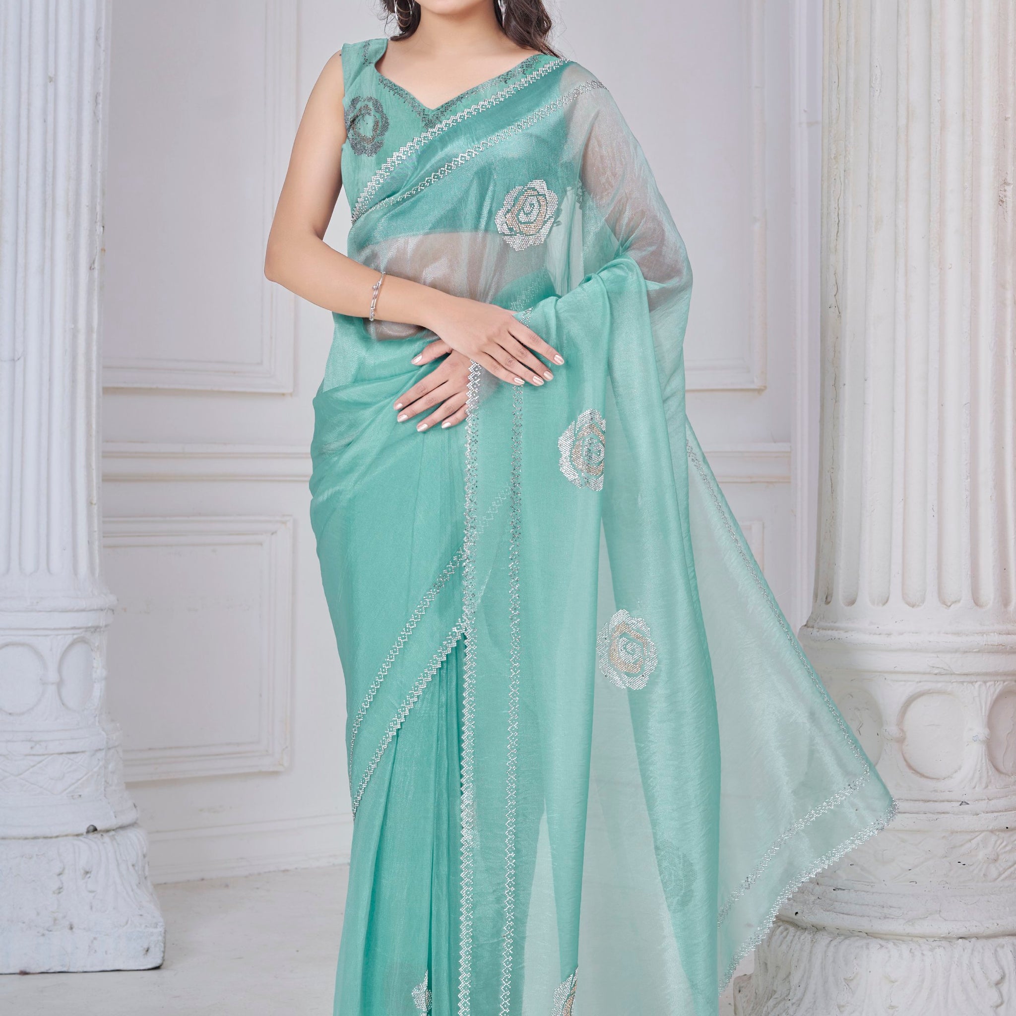 Beautiful Sea Green Jarkan Work Organza Party Wear Saree With Blouse