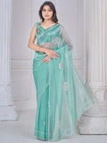 Beautiful Sea Green Jarkan Work Organza Party Wear Saree With Blouse