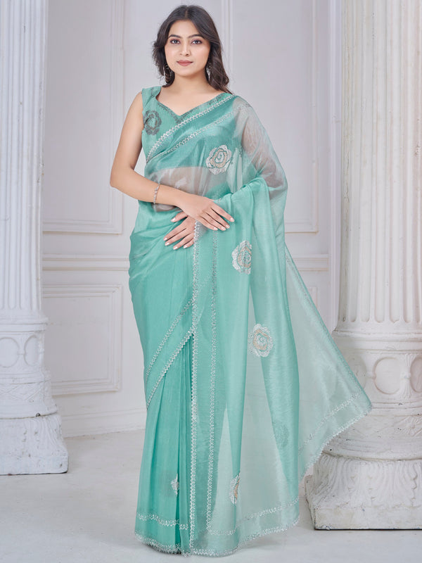 Beautiful Sea Green Jarkan Work Organza Party Wear Saree With Blouse