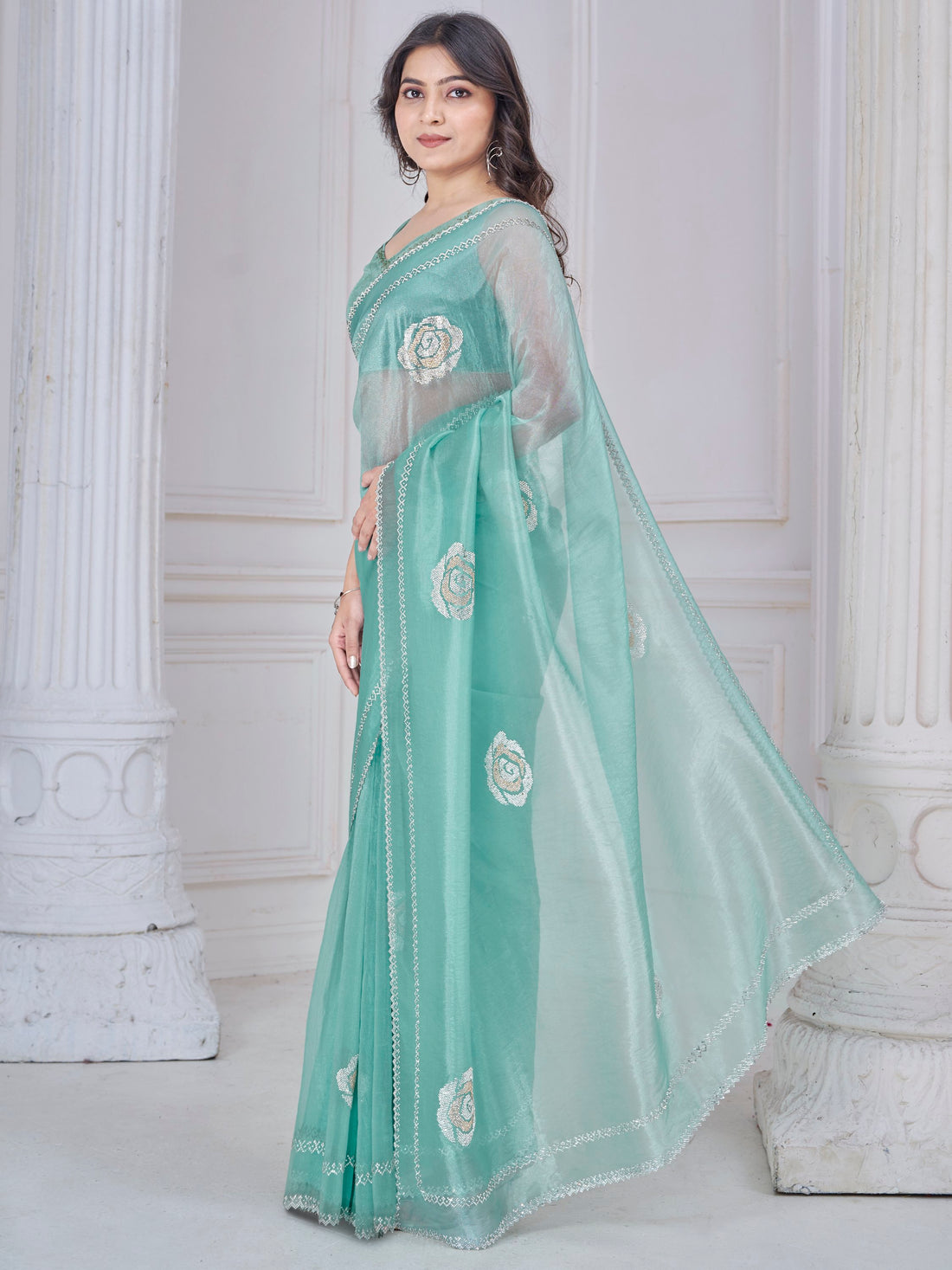 Beautiful Sea Green Jarkan Work Organza Party Wear Saree With Blouse