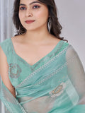 Beautiful Sea Green Jarkan Work Organza Party Wear Saree With Blouse