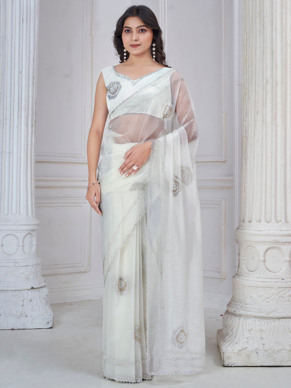 Magnetic White Jarkan Work Organza Event Wear Saree With Blouse
