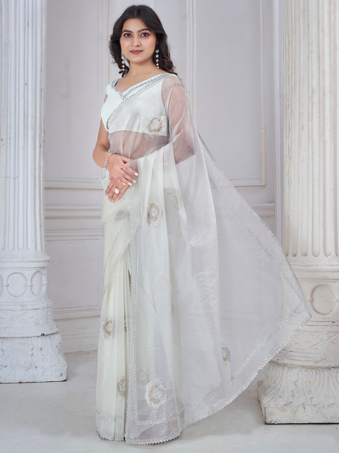 Magnetic White Jarkan Work Organza Event Wear Saree With Blouse