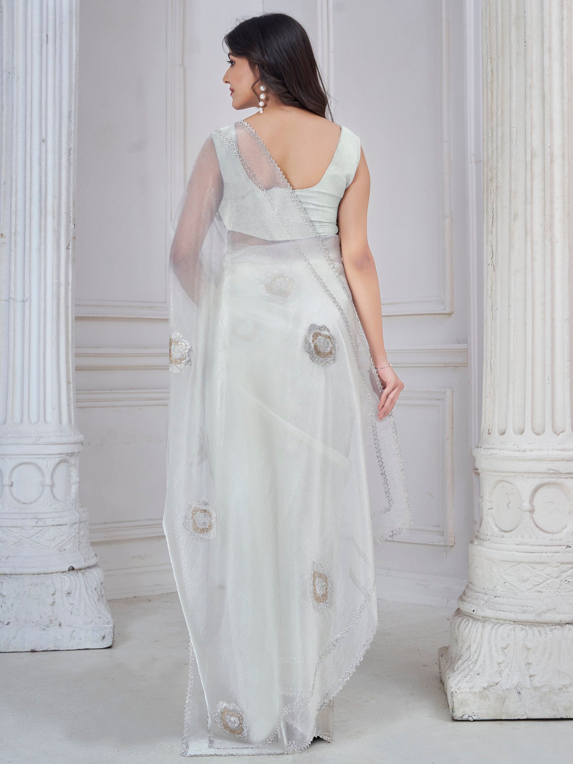 Magnetic White Jarkan Work Organza Event Wear Saree With Blouse