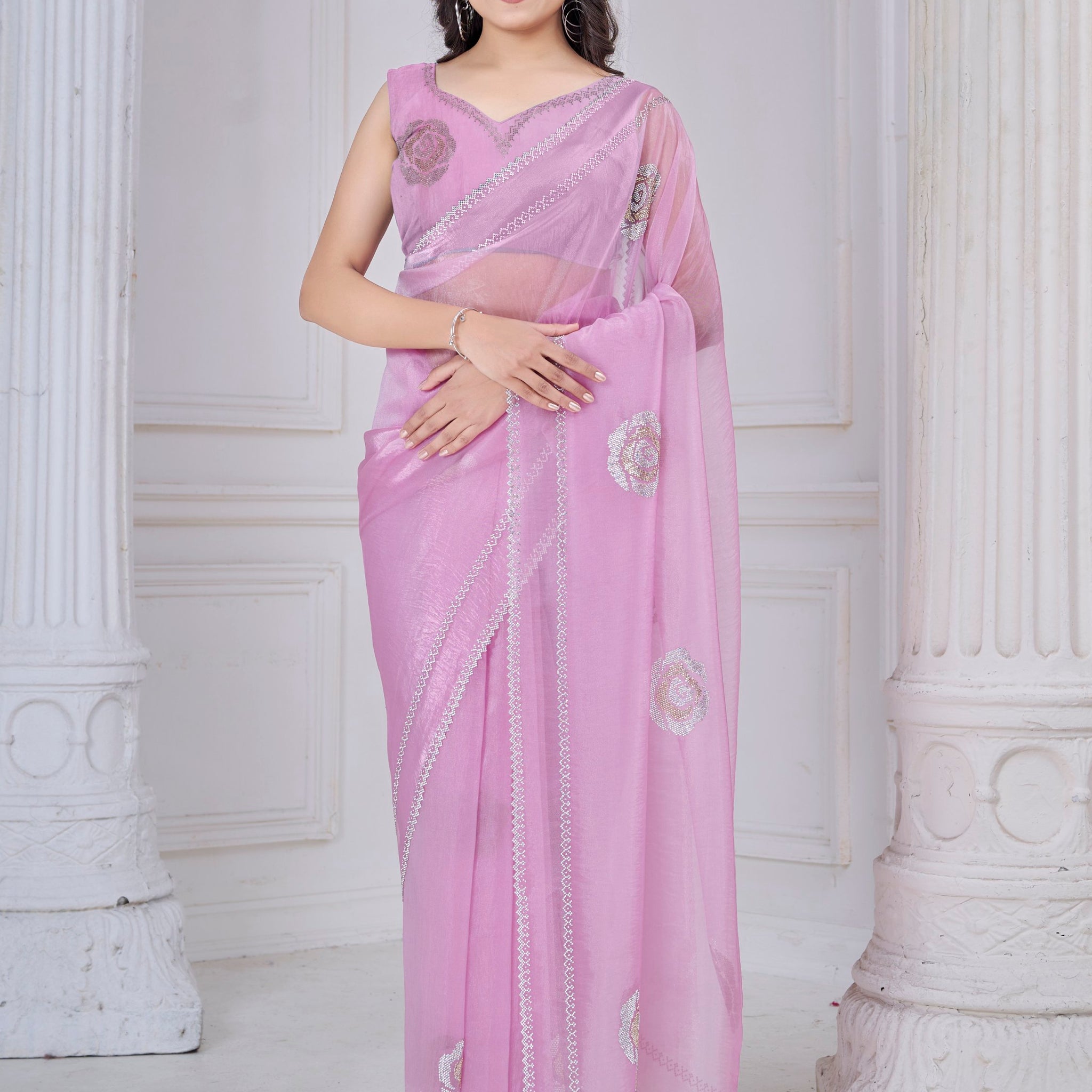 Pretty Pink Jarkan Work Organza Evening Wear Saree With Blouse