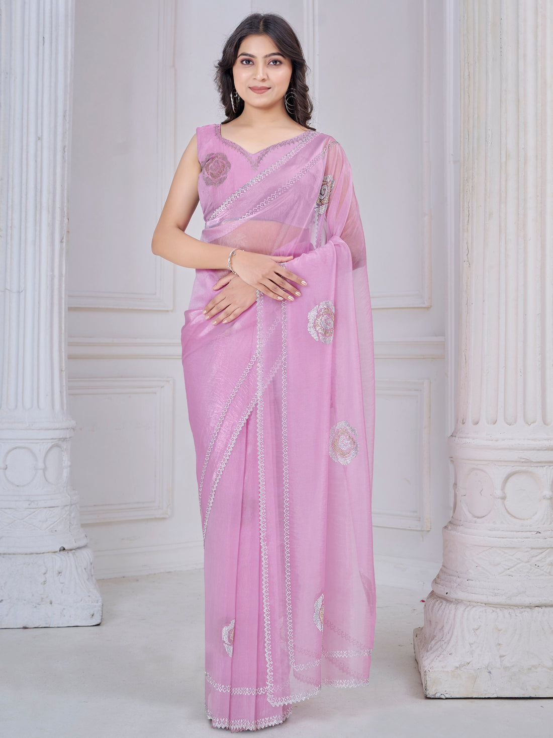 Pretty Pink Jarkan Work Organza Evening Wear Saree With Blouse