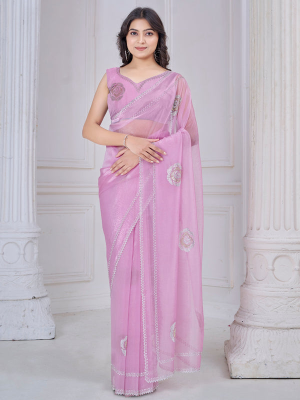 Pretty Pink Jarkan Work Organza Evening Wear Saree With Blouse