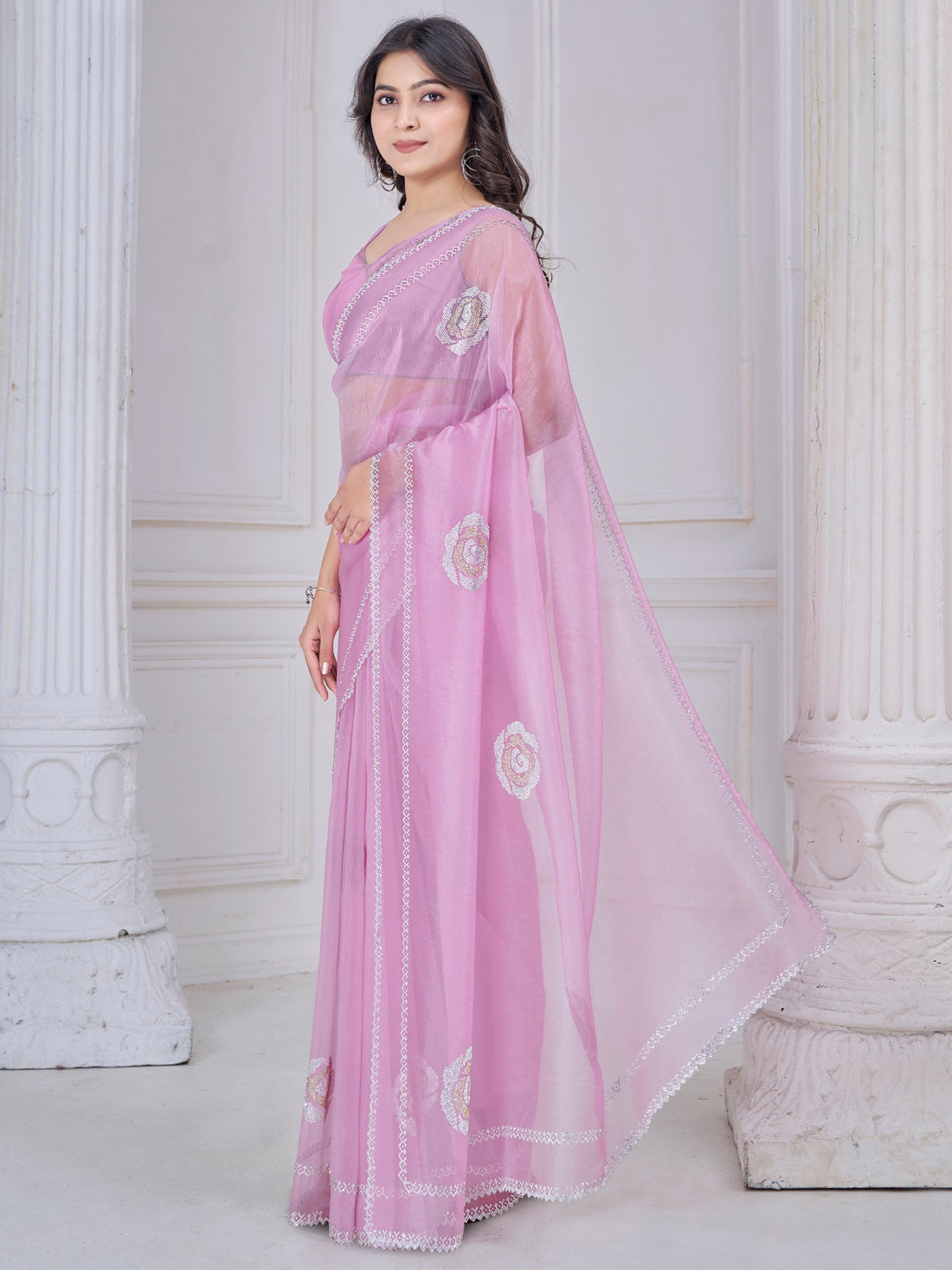 Pretty Pink Jarkan Work Organza Evening Wear Saree With Blouse