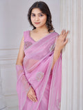 Pretty Pink Jarkan Work Organza Evening Wear Saree With Blouse