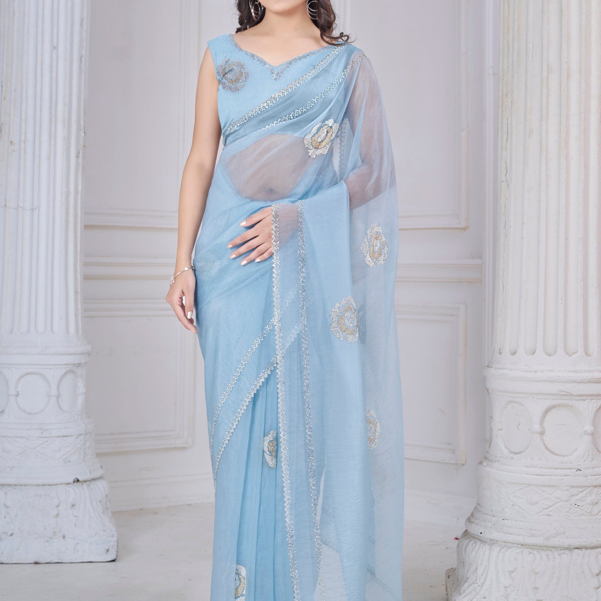 Beautiful Sky Blue Jarkan Work Organza Party Wear Saree With Blouse