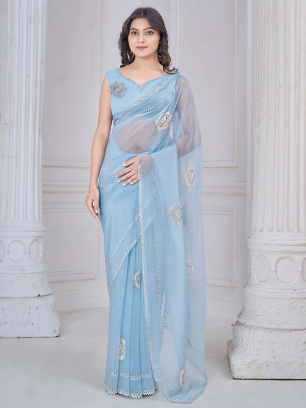 Beautiful Sky Blue Jarkan Work Organza Party Wear Saree With Blouse
