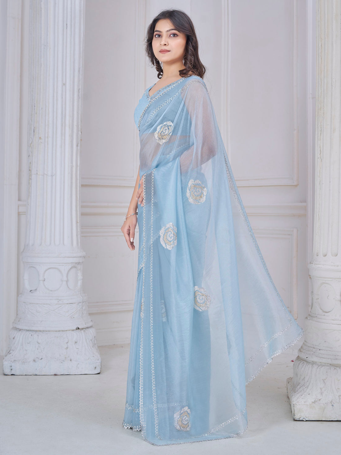 Beautiful Sky Blue Jarkan Work Organza Party Wear Saree With Blouse