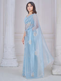 Beautiful Sky Blue Jarkan Work Organza Party Wear Saree With Blouse