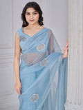 Beautiful Sky Blue Jarkan Work Organza Party Wear Saree With Blouse