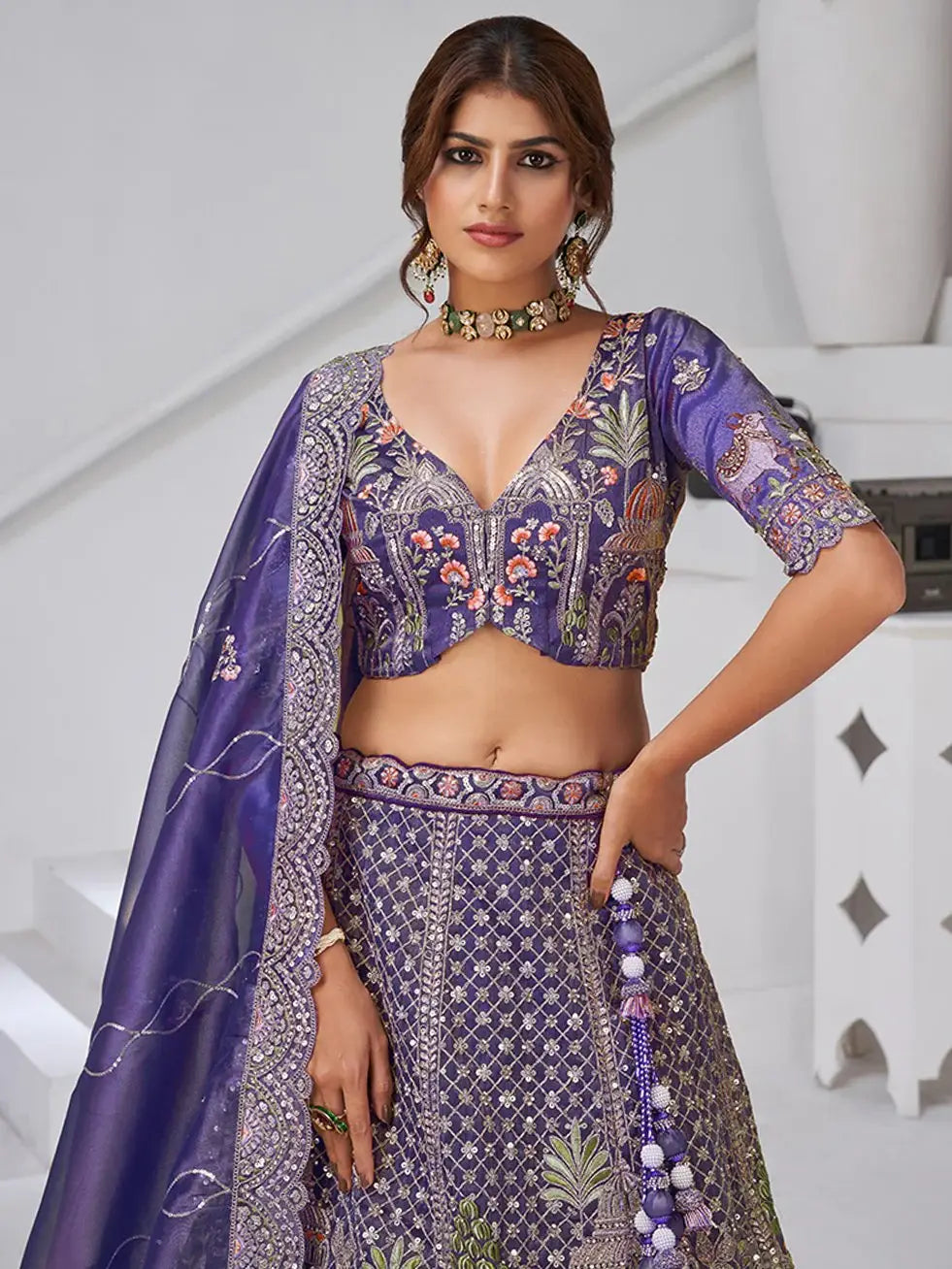 Tremendous Purple Resham Work Organza Reception Wear Lehenga With Blouse