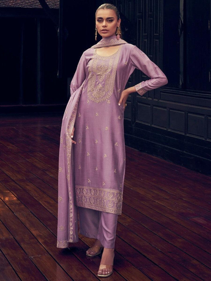 Beautiful Lavender Embroidered Silk Party Wear Suit Pant With Dupatta