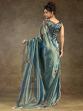 Stunning Blue Organza Party Wear Saree With Heavy Jarkan Work Blouse