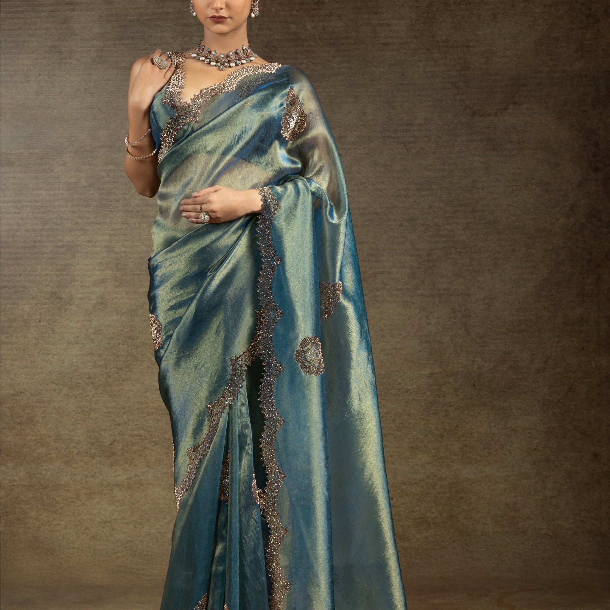 Stunning Blue Organza Party Wear Saree With Heavy Jarkan Work Blouse