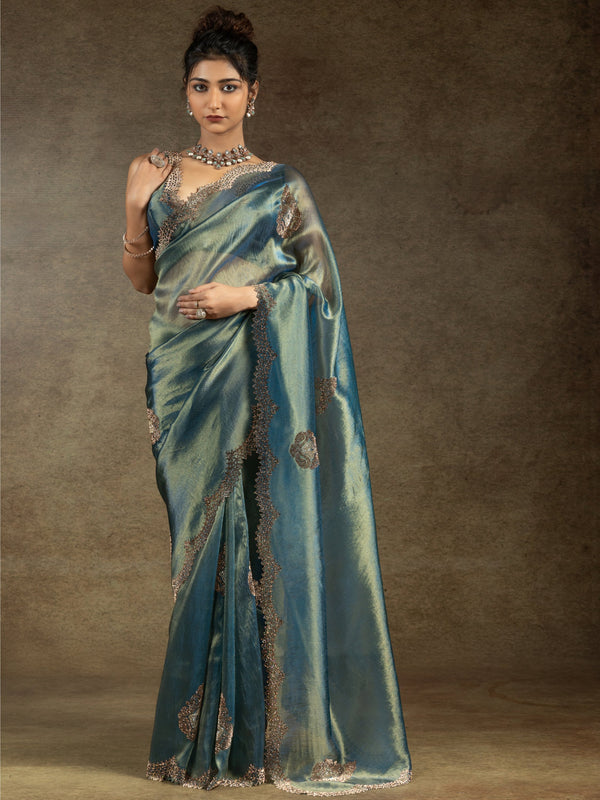 Stunning Blue Organza Party Wear Saree With Heavy Jarkan Work Blouse