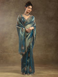 Stunning Blue Organza Party Wear Saree With Heavy Jarkan Work Blouse
