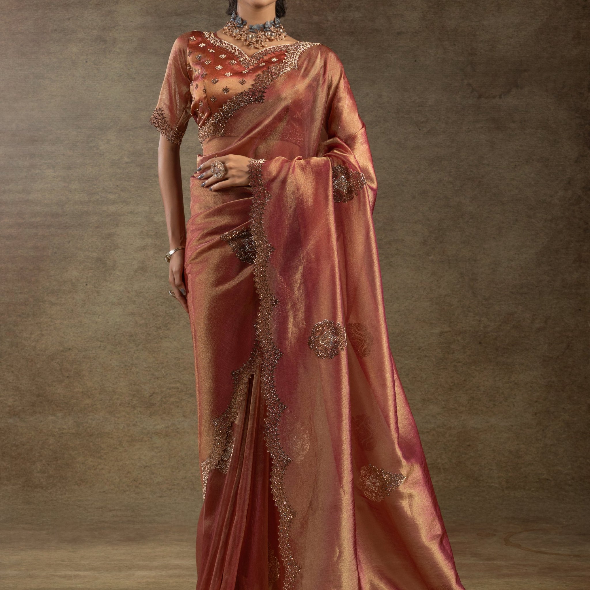 Gorgeous Orange Jarkan Work Organza Designer Saree With Blouse