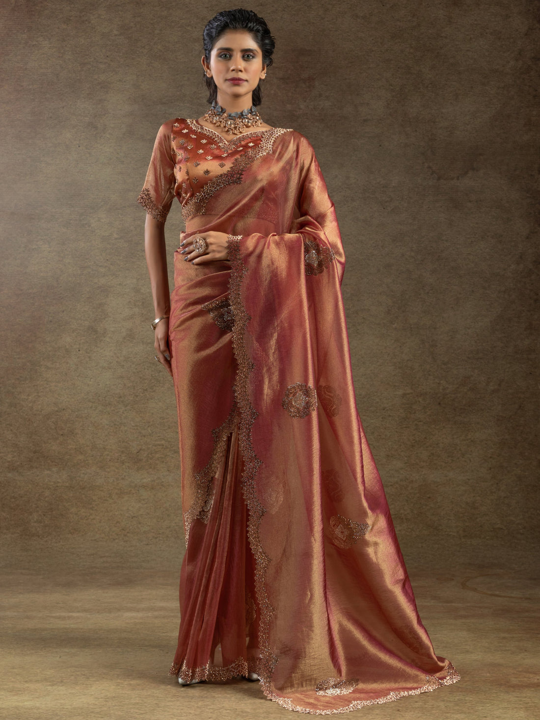 Gorgeous Orange Jarkan Work Organza Designer Saree With Blouse