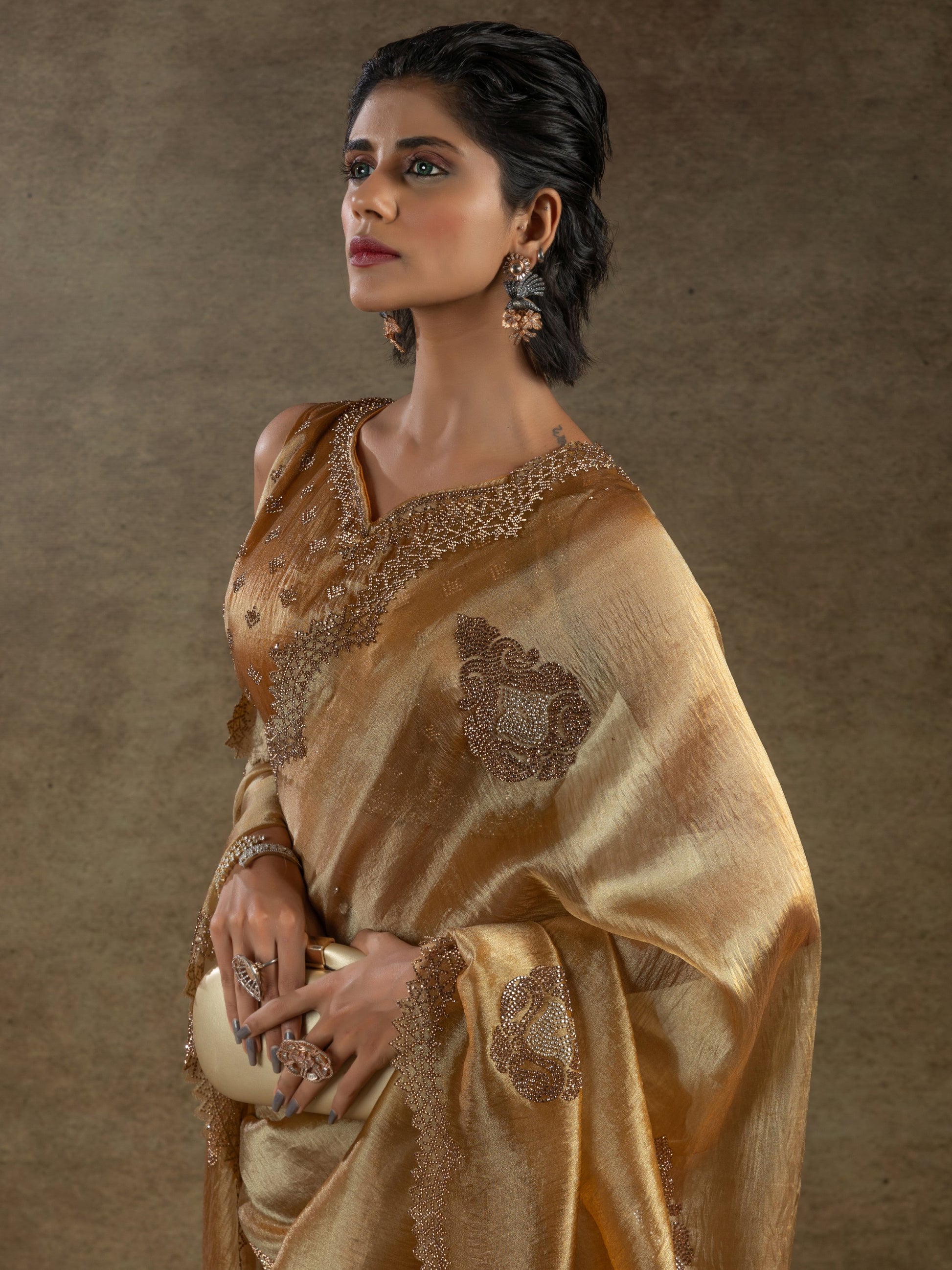 Glamorous Golden Organza Wedding Saree With Heavy jarkan Work Blouse