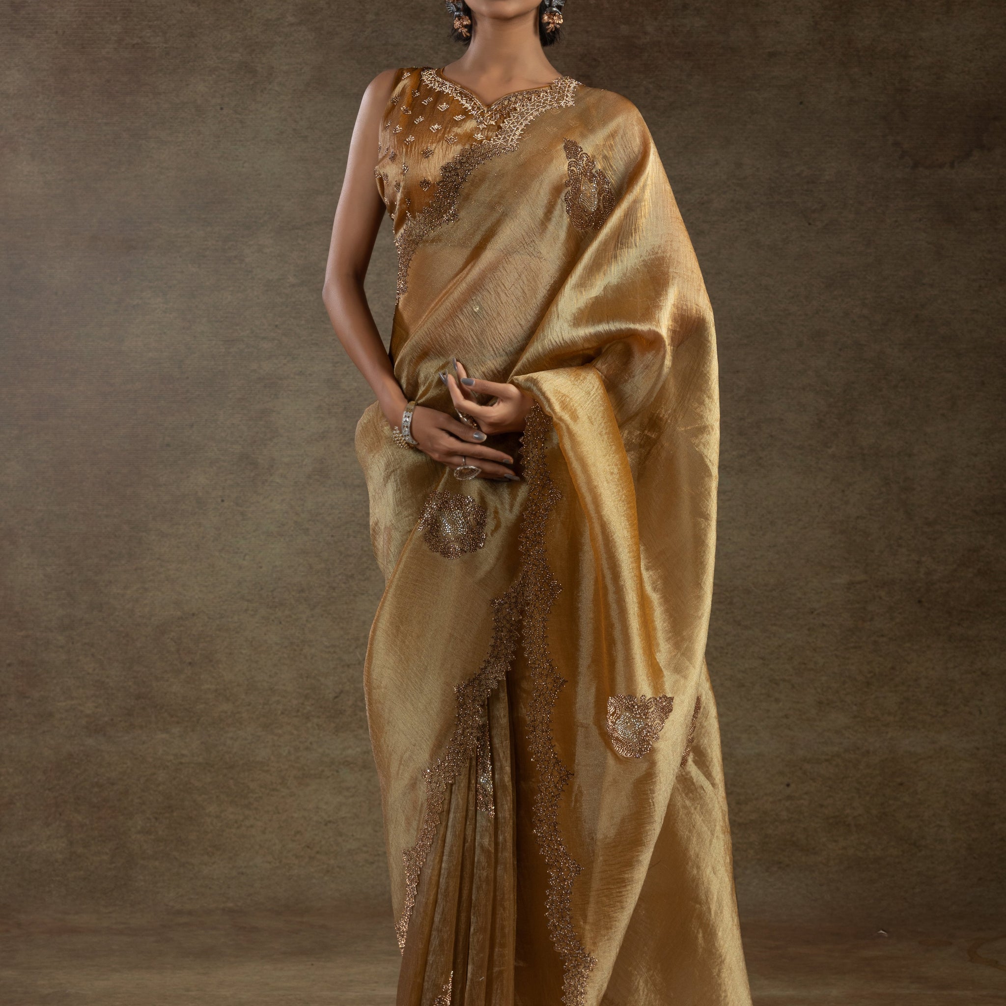 Glamorous Golden Organza Wedding Saree With Heavy jarkan Work Blouse