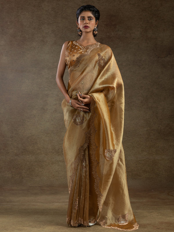 Glamorous Golden Organza Wedding Saree With Heavy jarkan Work Blouse