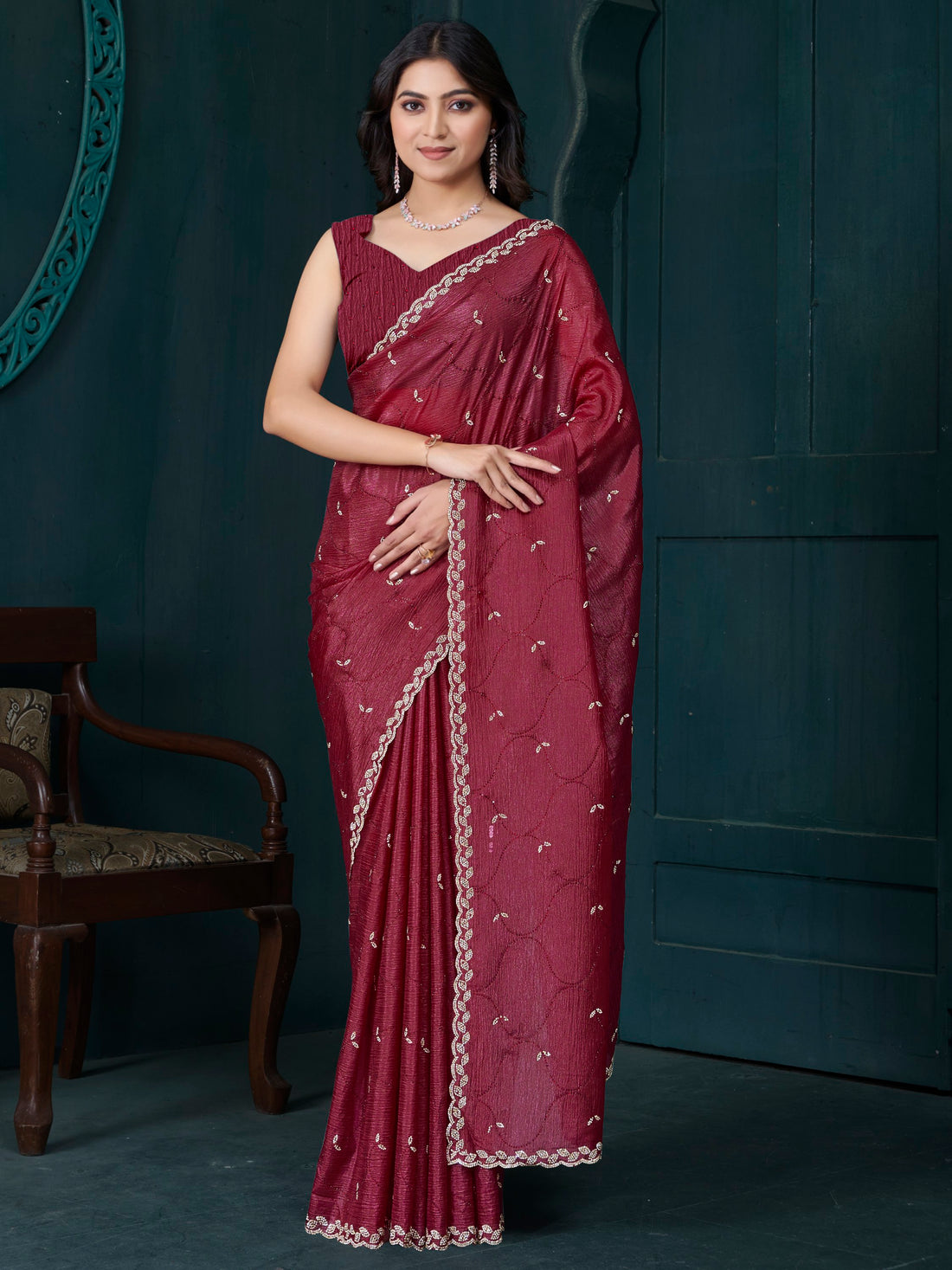Gorgeous Maroon Hand Work Crepe Silk Wedding Wear Saree