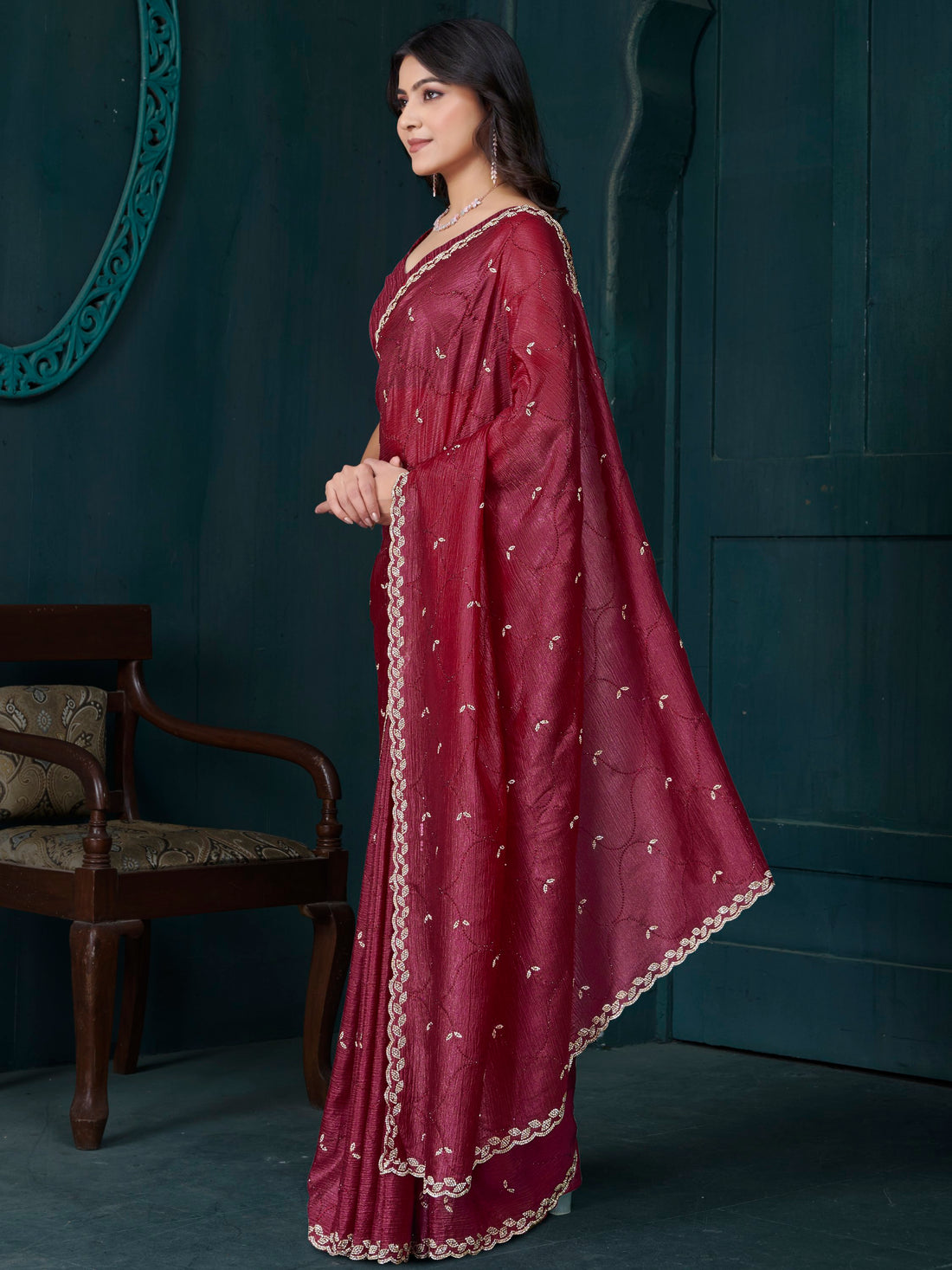 Gorgeous Maroon Hand Work Crepe Silk Wedding Wear Saree