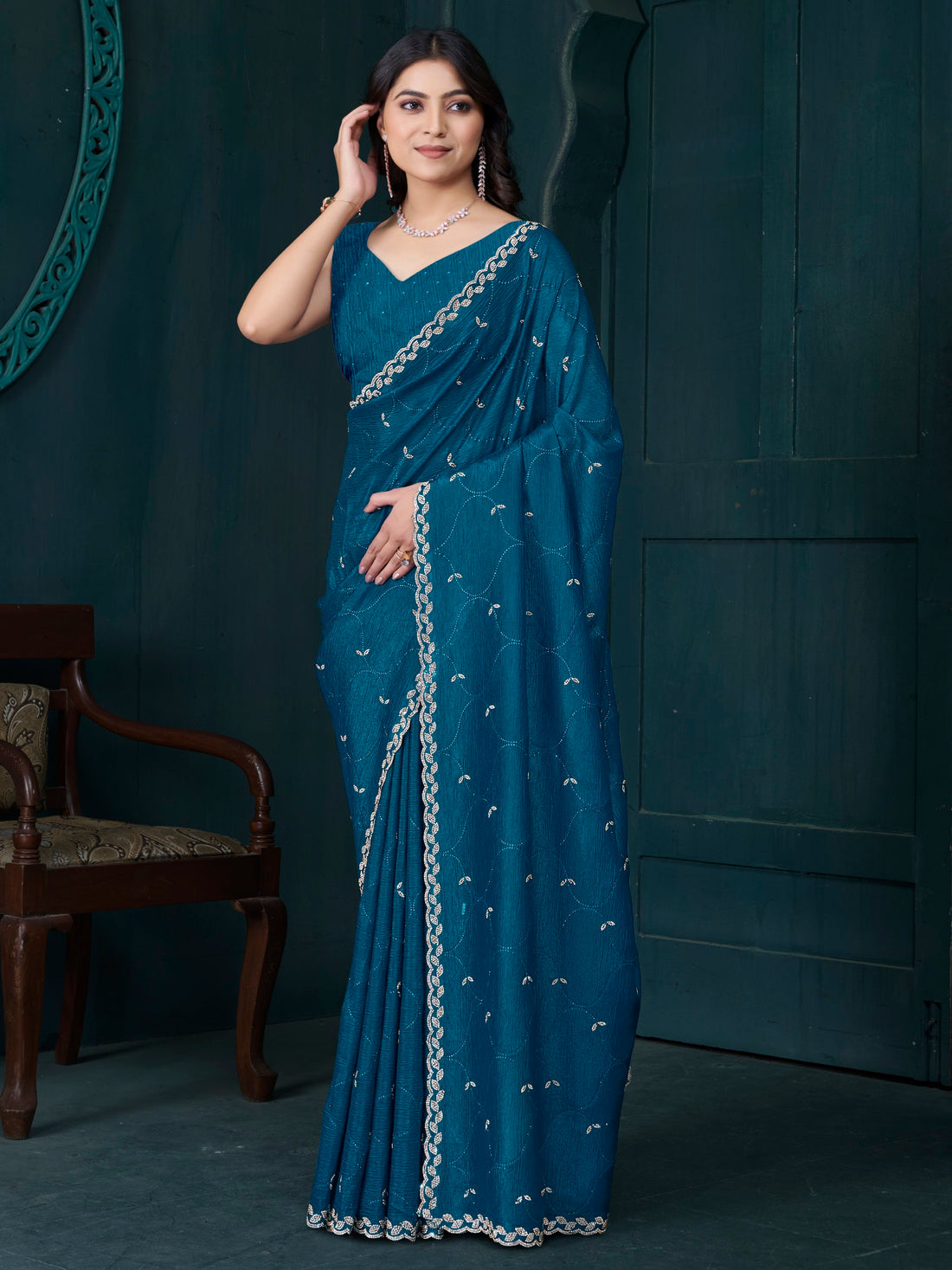 Incredible Teal Blue Jarkan Work Crepe Silk Traditional Saree