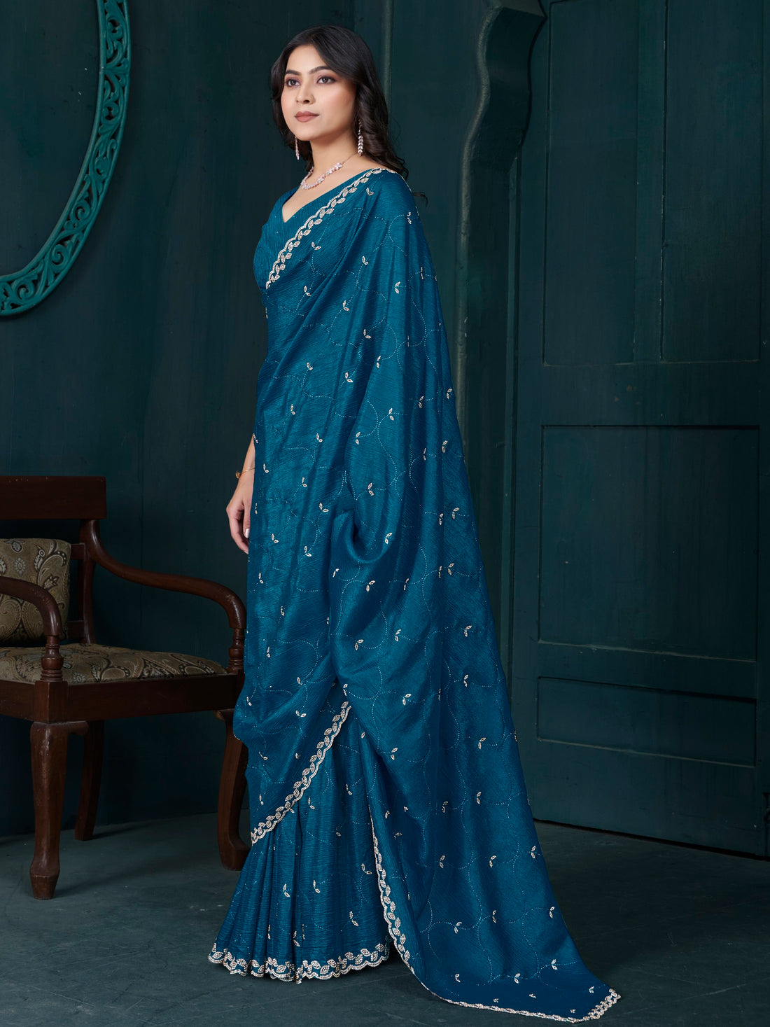 Incredible Teal Blue Jarkan Work Crepe Silk Traditional Saree