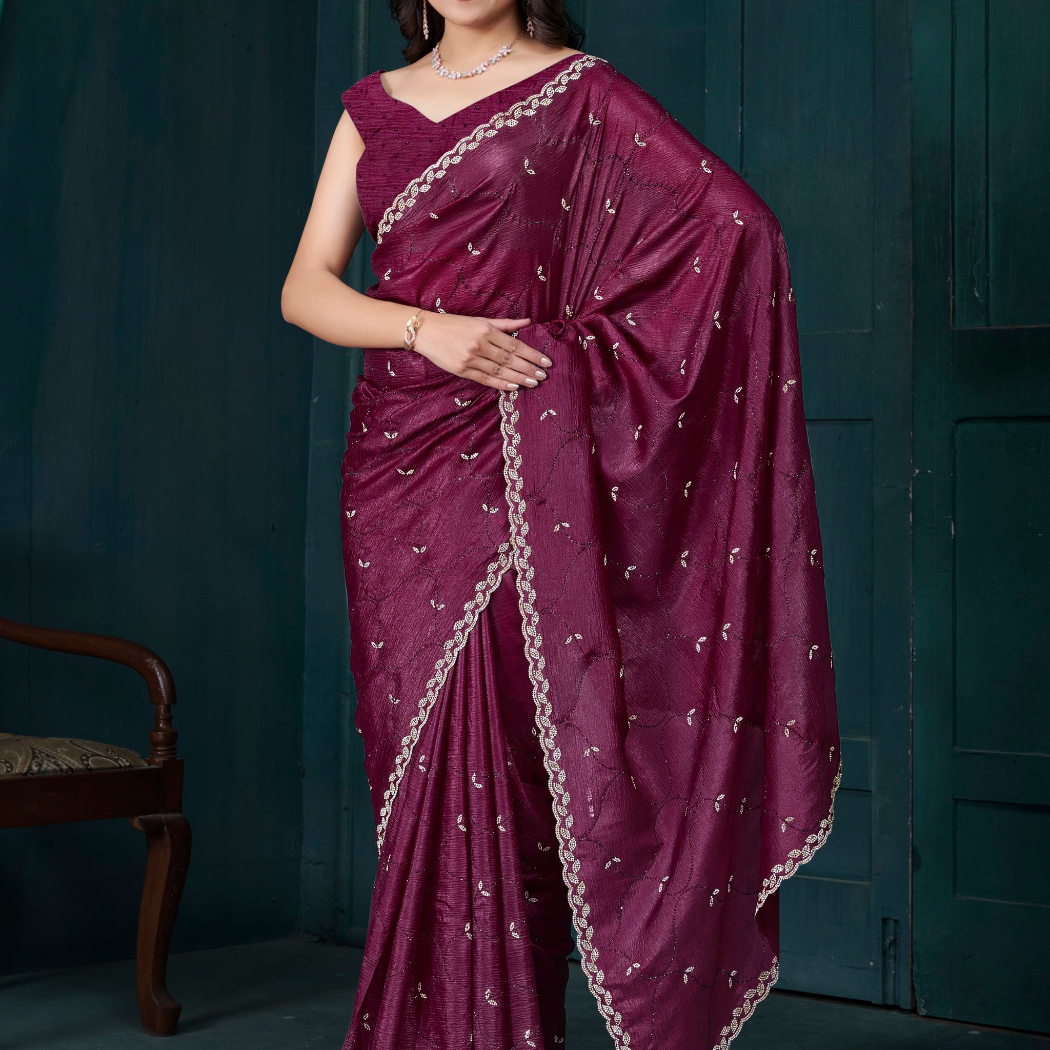 Glamorous Wine Hand Work Crepe Silk Party Wear Saree With Blouse