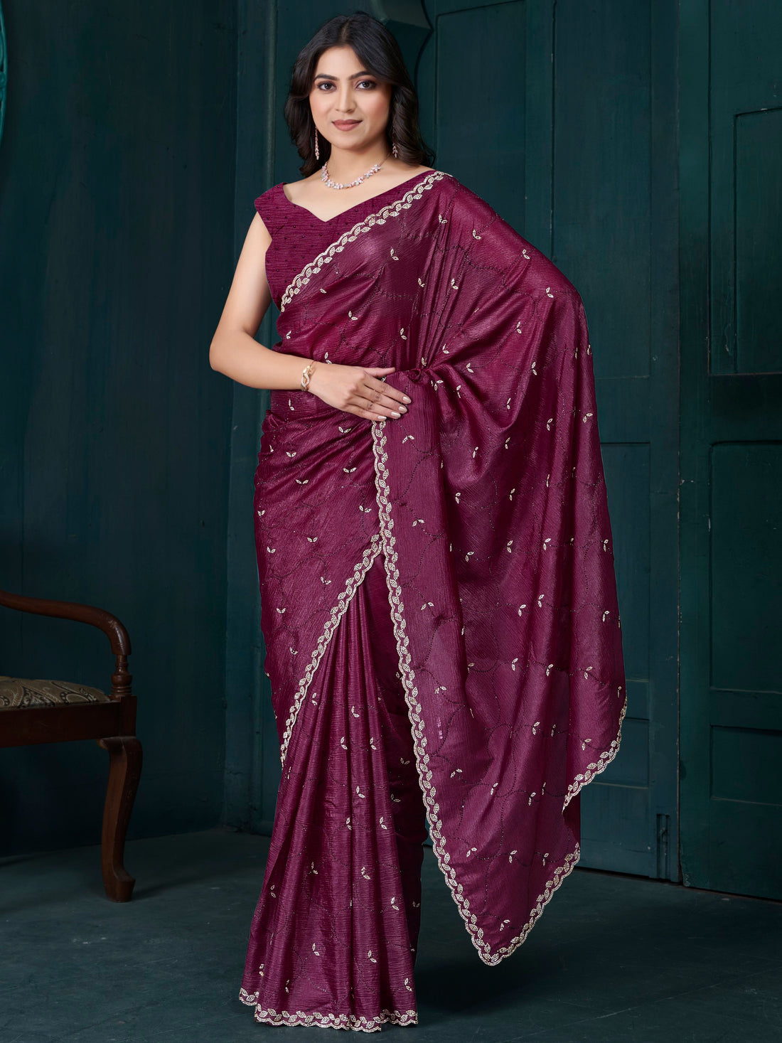 Glamorous Wine Hand Work Crepe Silk Party Wear Saree With Blouse