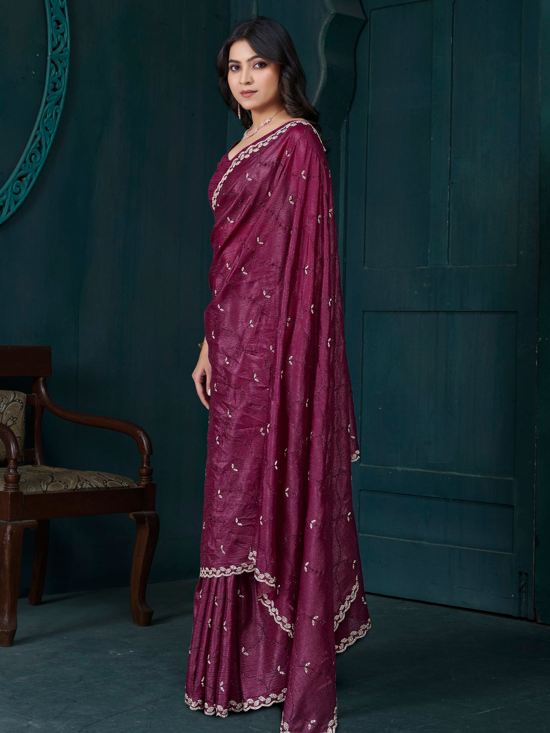 Glamorous Wine Hand Work Crepe Silk Party Wear Saree With Blouse