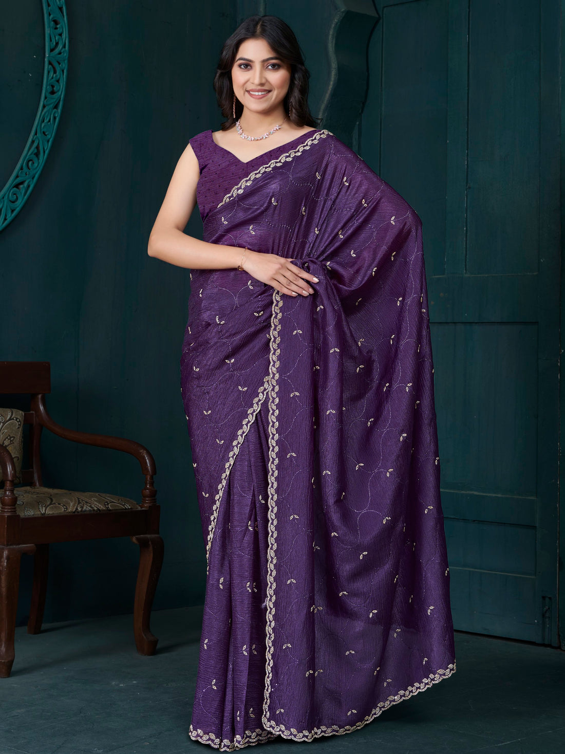 Beautiful Purple Diamond Work Crepe Silk Event Wear Saree With Blouse