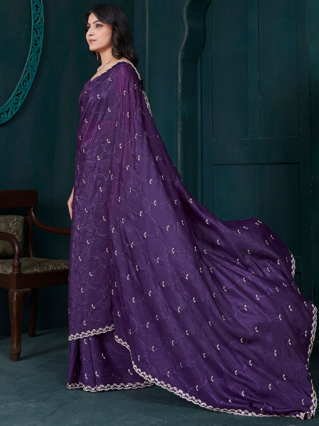 Beautiful Purple Diamond Work Crepe Silk Event Wear Saree With Blouse