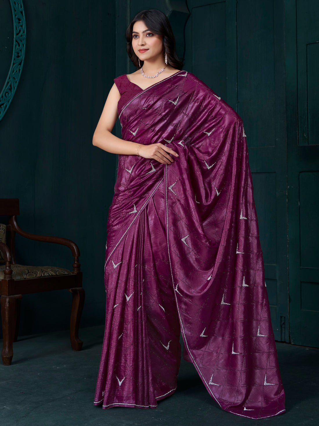 Awesome Purple Crepe Silk Festive Wear Saree With Blouse