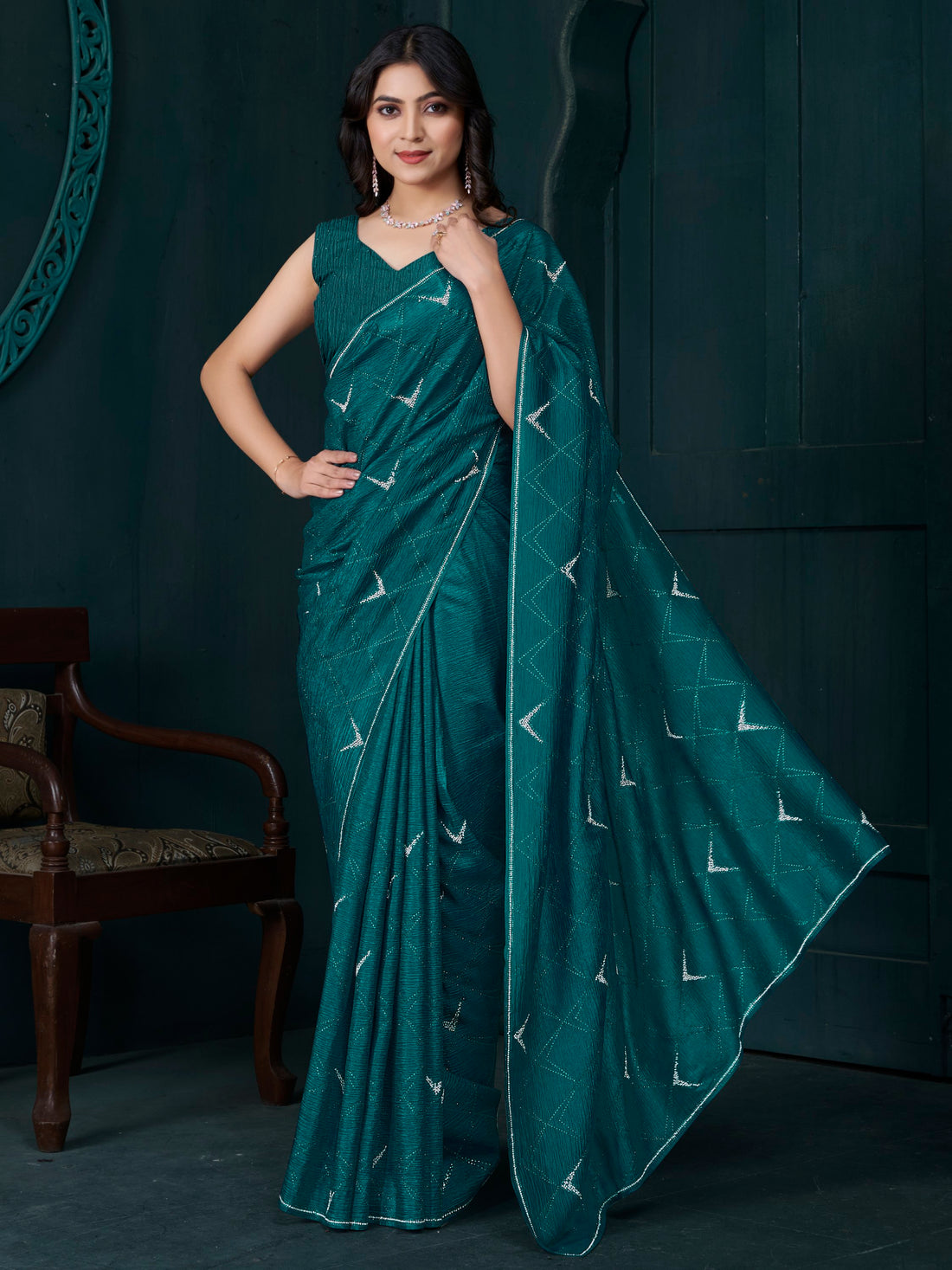 Attractive Teal Green Crepe Silk Event Wear Saree With Blouse