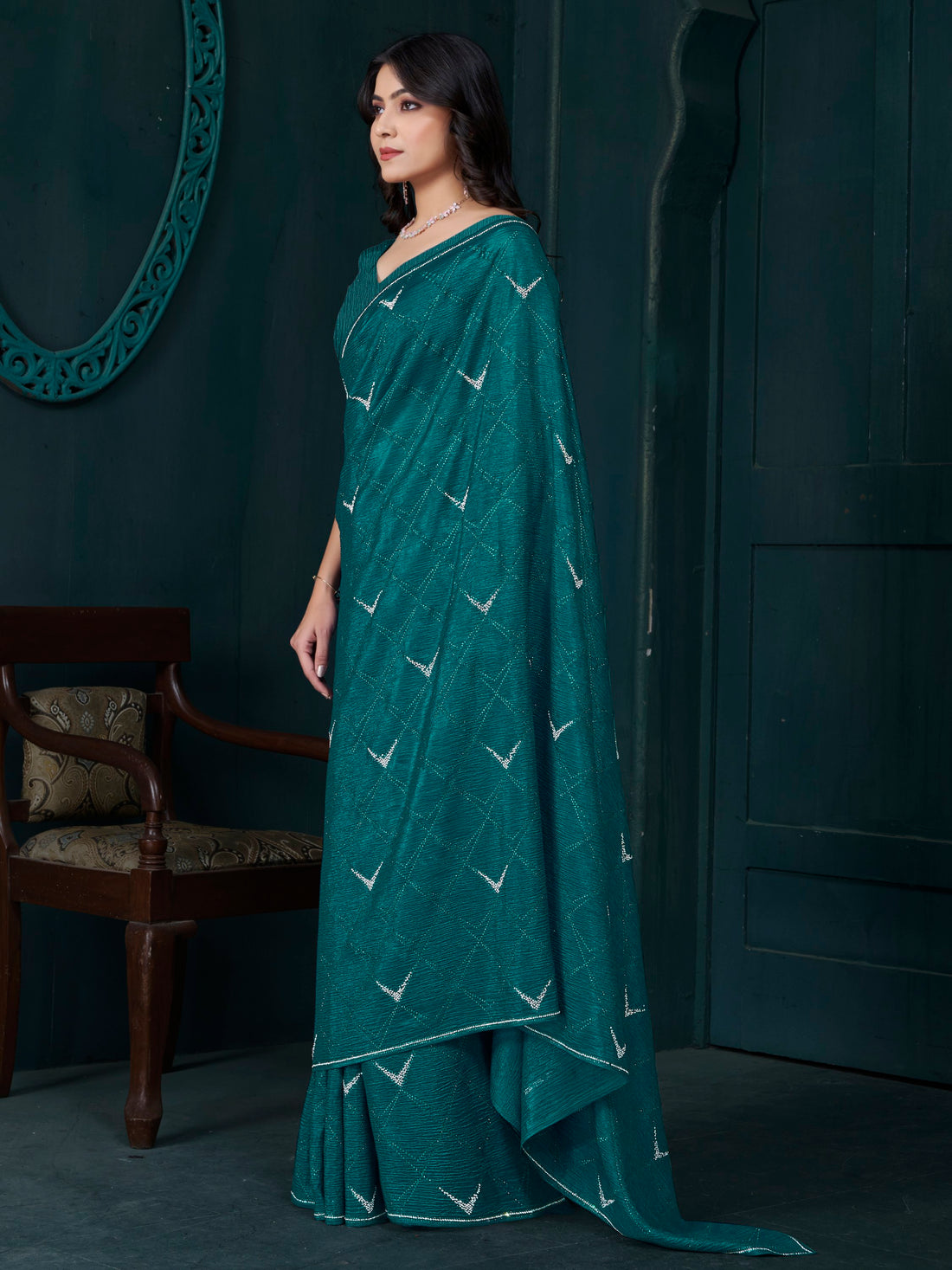 Attractive Teal Green Crepe Silk Event Wear Saree With Blouse