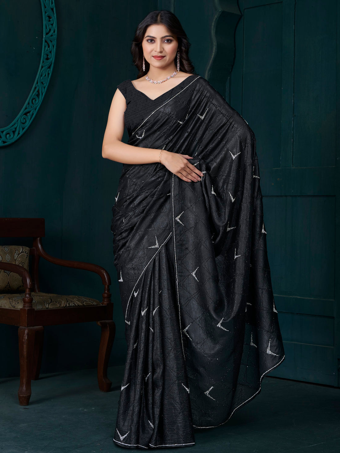 Dazzling Black Diamond Work Crepe Silk Traditional Saree With Blouse
