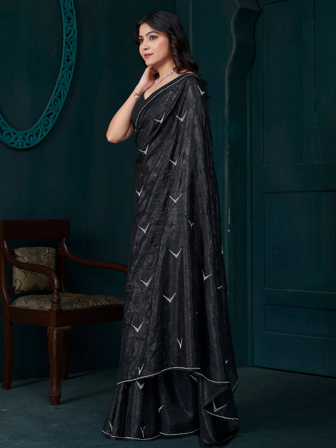 Dazzling Black Diamond Work Crepe Silk Traditional Saree With Blouse