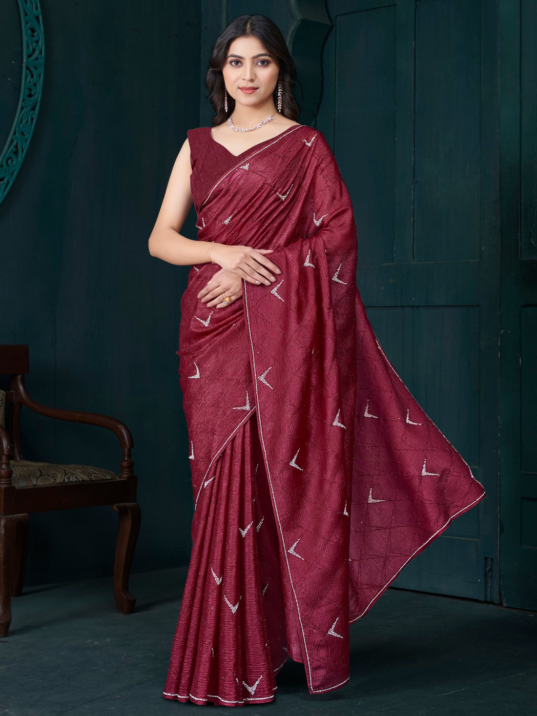 Wonderful Maroon Diamond Work Crepe Silk Wedding Wear Saree