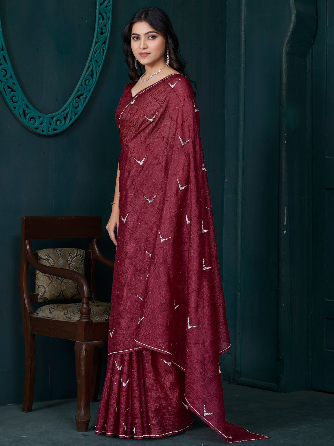 Wonderful Maroon Diamond Work Crepe Silk Wedding Wear Saree