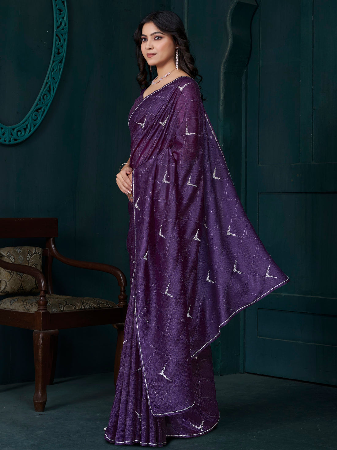Enchanting Lavender Jarkan Work Crepe Silk Party Wear Saree